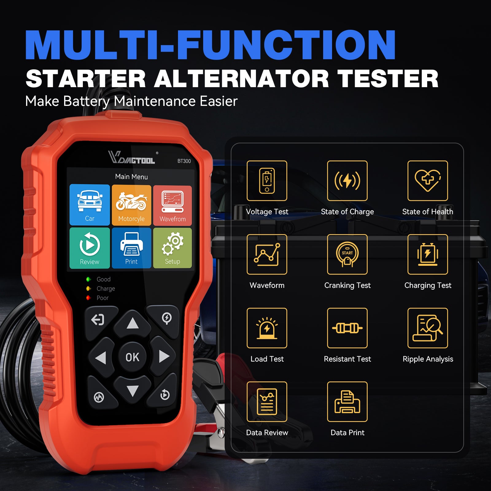 multi-function starter alternator tester